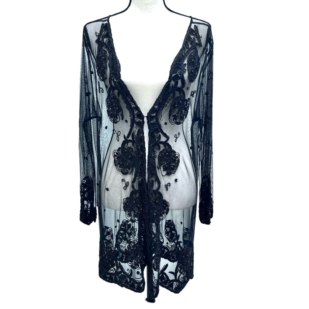 STERLING STYLES BLACK SHEER MESH BEADED EVENING JACKET